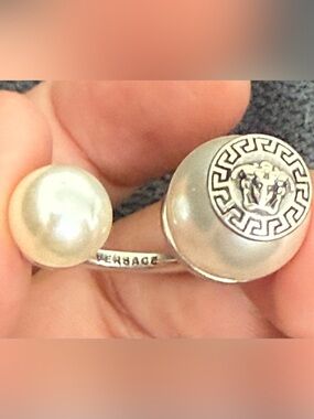 Versace Silver Logo Ring with Pearl Accent
 Adjustable